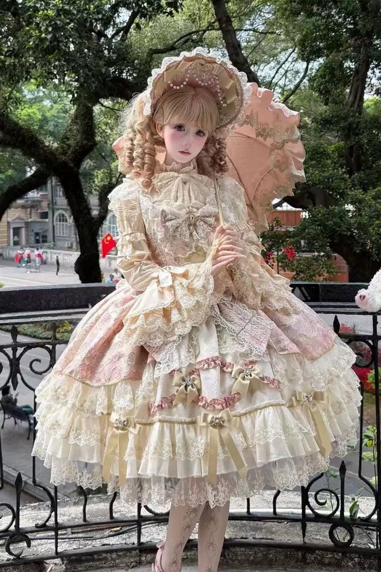 Pink [Gilded Waltz] Square Collar Sleeveless Printed Ruffled Embroidered Bow Lace Gorgeous Sweet Lolita Jsk Dress