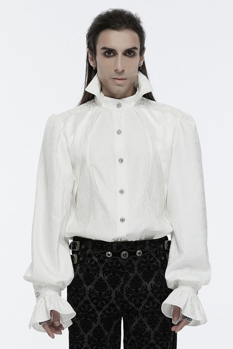 White Lapel Collar Long Sleeves Rings Men's Punk Blouse