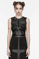 Black Round Collar Sleeveless Stitching Mesh Ripped Women's Punk Tank Top