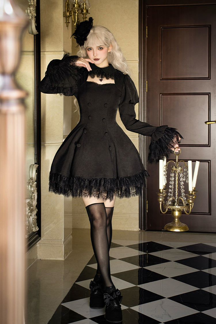 Black [Midnight Whisper] Double-breasted Short Sleeves Hollow Gothic Lolita Dress