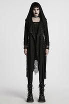 Black Long Sleeves Stitching Hooded Mesh Ripped Women's Gothic Coat