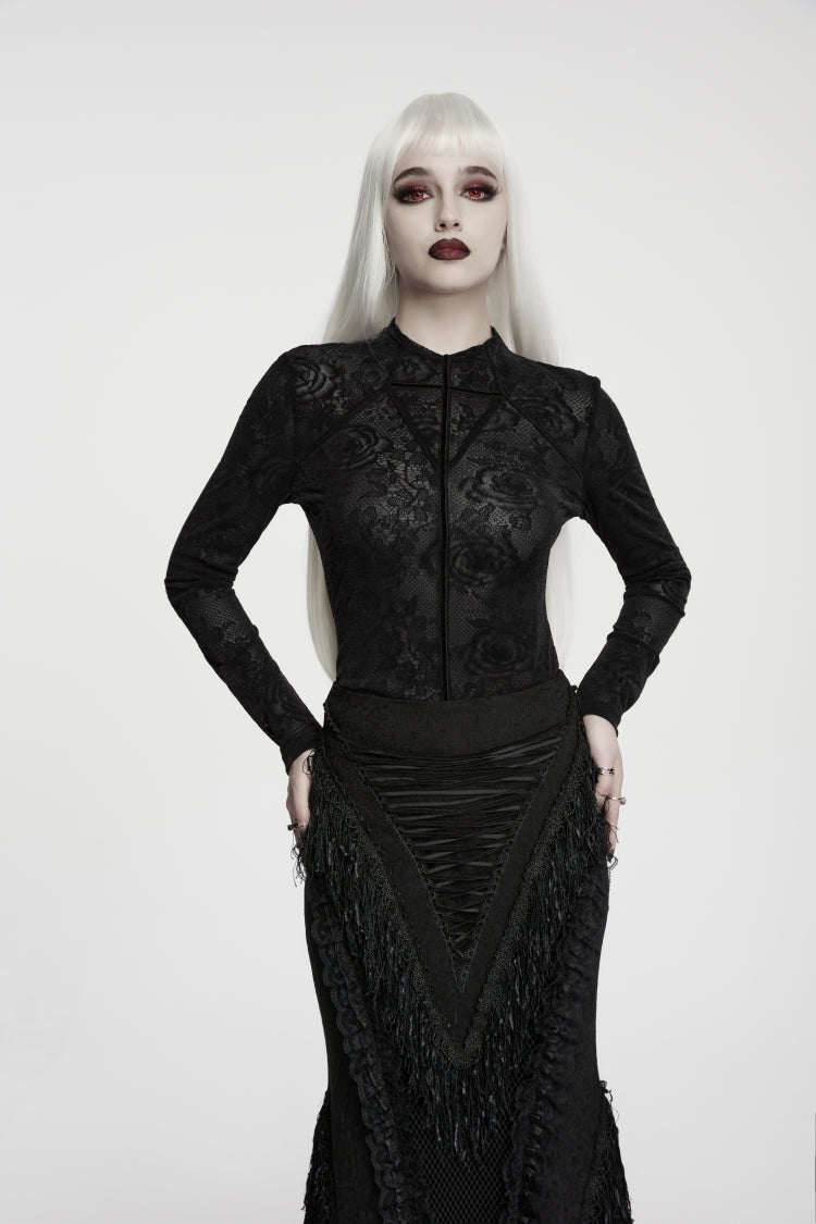 Black  High Collar Long Sleeves Rose Jacquard Lace Slim Fit Women's Gothic Luxurious Top