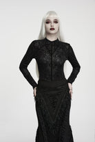 Black  High Collar Long Sleeves Rose Jacquard Lace Slim Fit Women's Gothic Luxurious Top