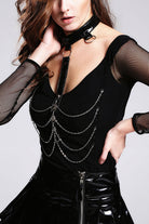 Black Sexy Big V Collar Bright Leather Chocker Punk Womens T-Shirt With Chain