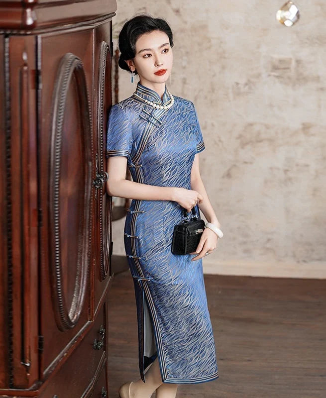 Blue Mulberry Silk Qipao Dress with Golden Trim