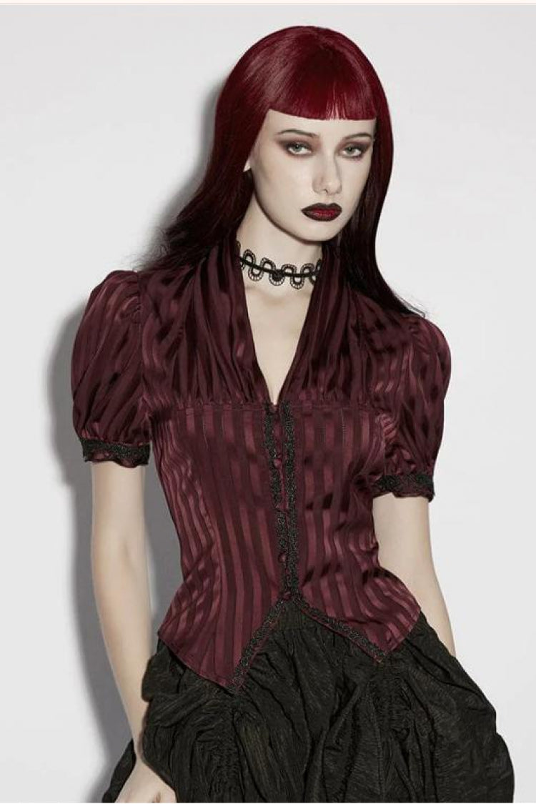 Red V Collar Short Puff Sleeves Lace Lace-Up Striped Women's Gothic Blouse