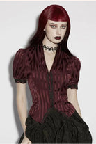 Red V Collar Short Puff Sleeves Lace Lace-Up Striped Women's Gothic Blouse