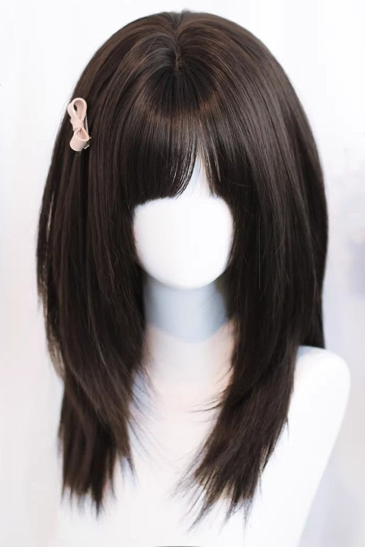 Black Tea Brown Straight Cute Wispy Bangs Daily Sweet Lolita Wig