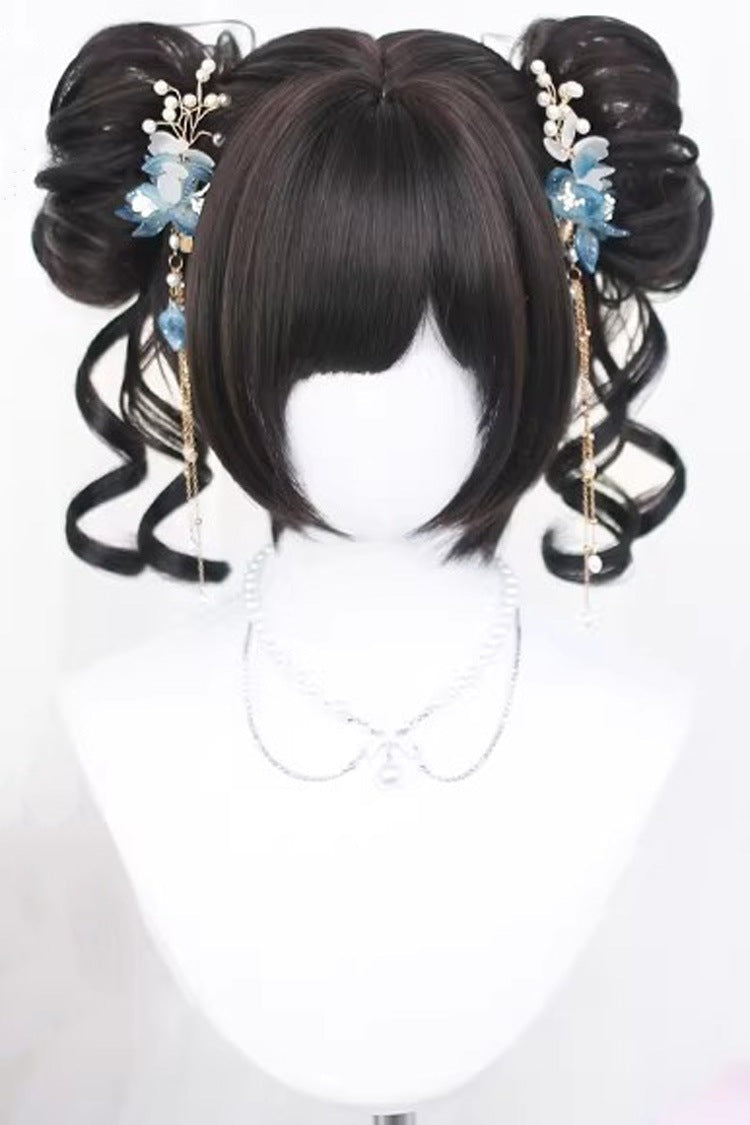 Graceful Black Tea Brown Floral Bun Short Hair with Air Fringe Sweet Lolita Wig