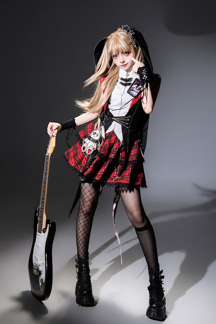 Black/Red [Rock Bunny] Sleeveless Double-Layered Embroidery Hooded Punk Lolita Skirt Set