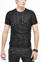 Black Broken Holes Thick Stripes Chest Lace-Up Knit Short Sleeve Men's Punk T-Shirt