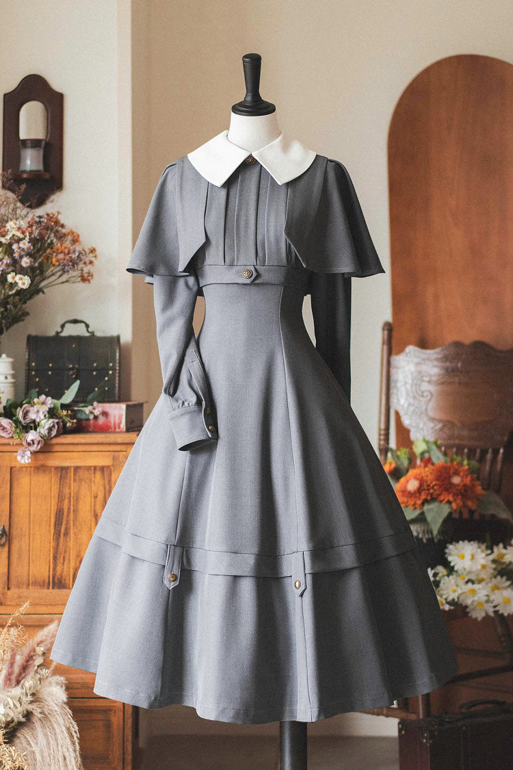 Grey [Forest Antique Trunk] Lapel Collar Long Sleeves Classic Vintage Elegant Lolita Dress