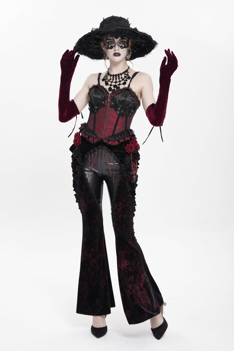 Black/Red  Ruffled Spliced Women's Gothic Floral Faux Leather&Velvet Ruffle Pants