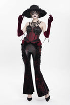 Black/Red  Ruffled Spliced Women's Gothic Floral Faux Leather&Velvet Ruffle Pants