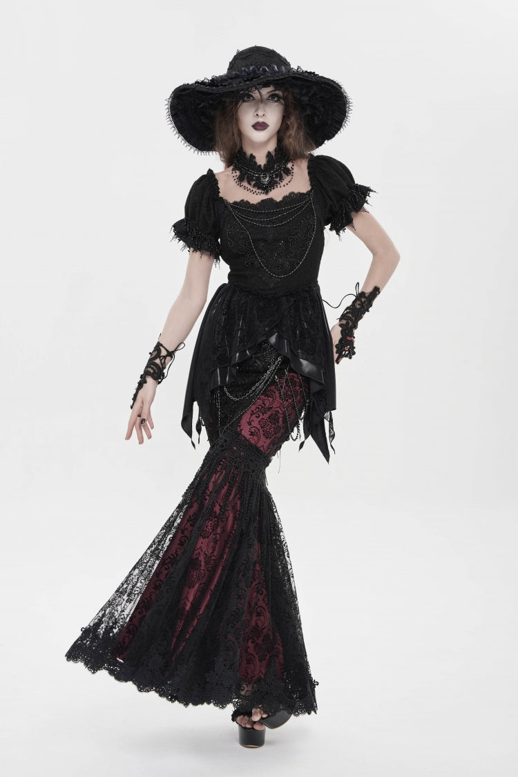 Black/Red Double-Layered Embroidered Lace Slim Pearl-Decorated Women's Gothic Skirt
