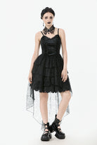Black Sleeveless Multi-Layered Lace Women's Gothic Fishtail Slip Dress Graduation Dress