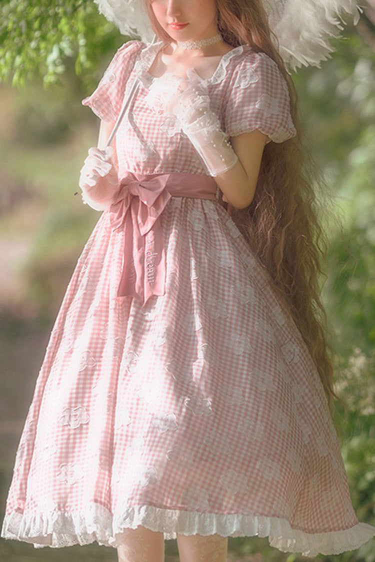 Pink Short Sleeve Floral Print Plaid Pattern Sweet Lolita Dress