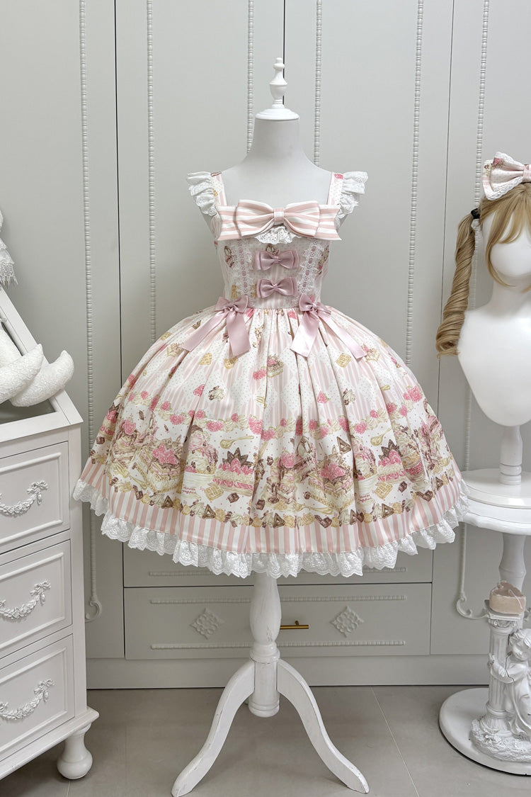 Pink [Strawberry Ice Cream Cheesecake] Square Collar Short Sleeves Printed Ruffled Bow Lace Casual Sweet Lolita Jsk Dress