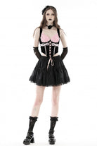 Black/Pink Lace Splice Velvet Lace-Up Women's Grunge Bustier