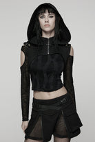 Black Stand Collar Sleeveless Hooded Zipper Pleated Women's Punk Short Vest