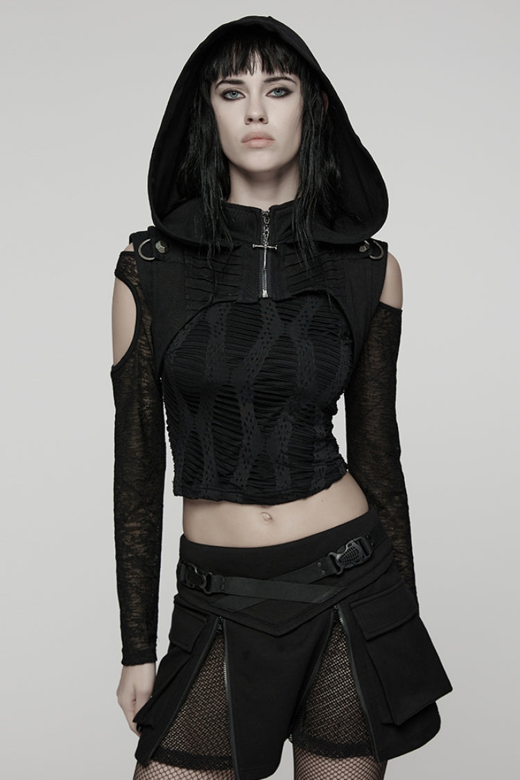 Black Stand Collar Sleeveless Hooded Zipper Pleated Women's Punk Short Vest