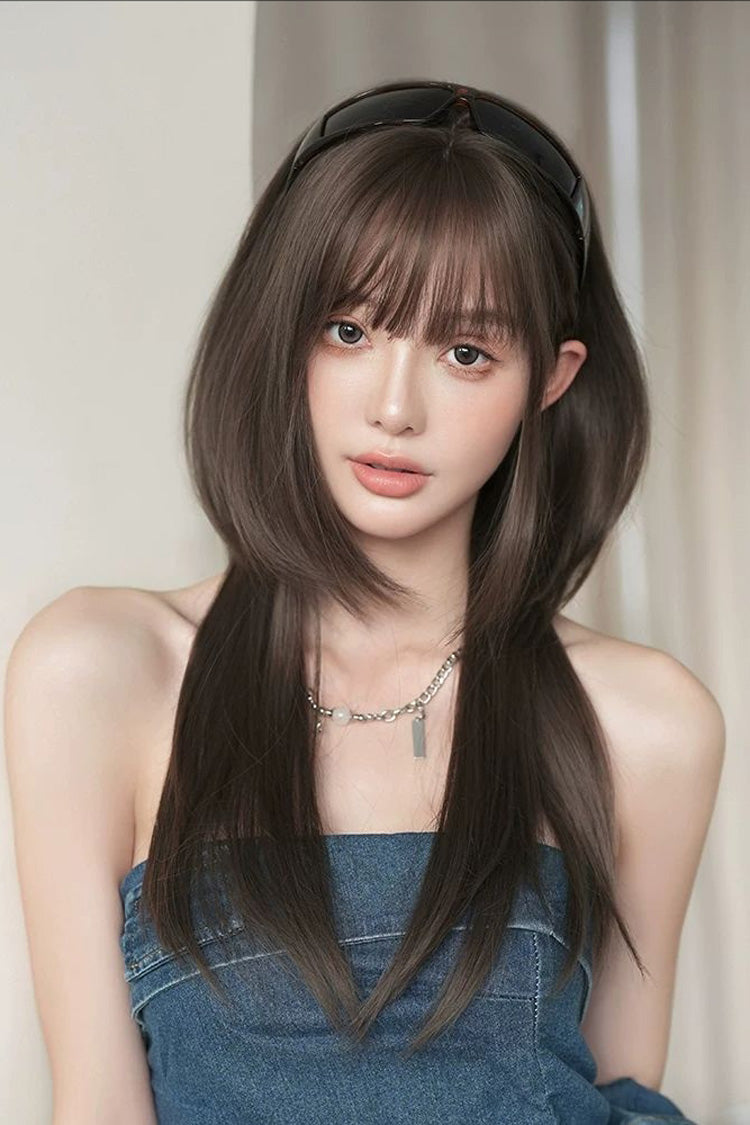 Cool Brown Japanese Style High Layers Hime Cut Long Straight Sweet Lolita Wig