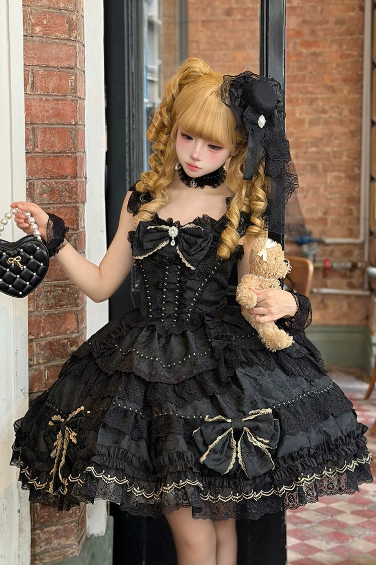 Black [Day and Night Duality] Square Collar Sleeveless Multi-Layered Jacquard Ruffled Bow Lace Gothic Lolita Jsk Dress