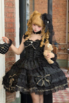 Black [Day and Night Duality] Square Collar Sleeveless Multi-Layered Jacquard Ruffled Bow Lace Gothic Lolita Jsk Dress
