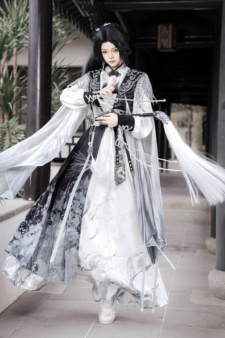 Black/White [Magpie Feather] Stand Collar Long Sleeves High Waisted Printed Embroidered Women's Classic Hanfu Dress Set