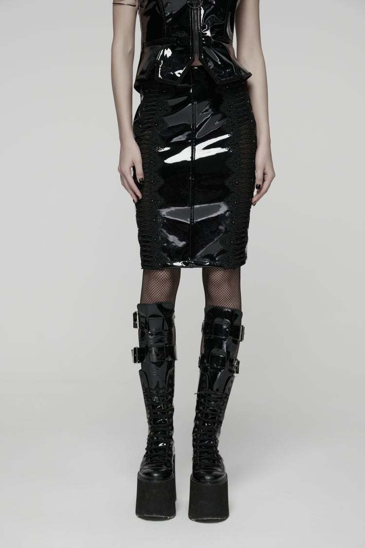 Black Spliced Lace Women's Gothic Lace Splice Faux Leather Skirt