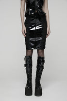 Black Spliced Lace Women's Gothic Lace Splice Faux Leather Skirt