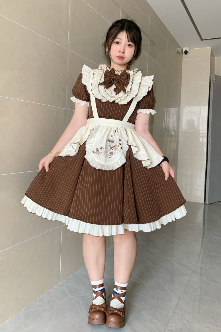 Brown Short Sleeves Stripe Print Ruffle Bowknot Sweet Plus Size Maid Lolita Dress