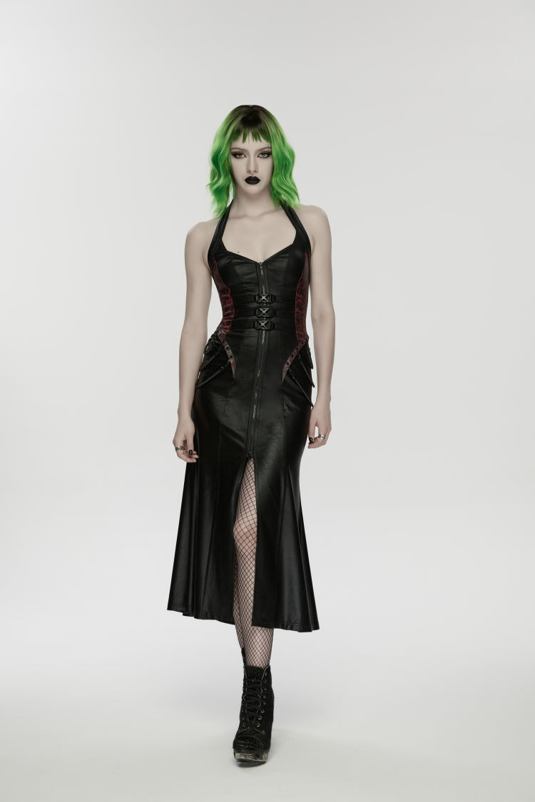 Black/Red Halterneck Sleeveless Lace-Up Slim Buckled Women's Punk Dress