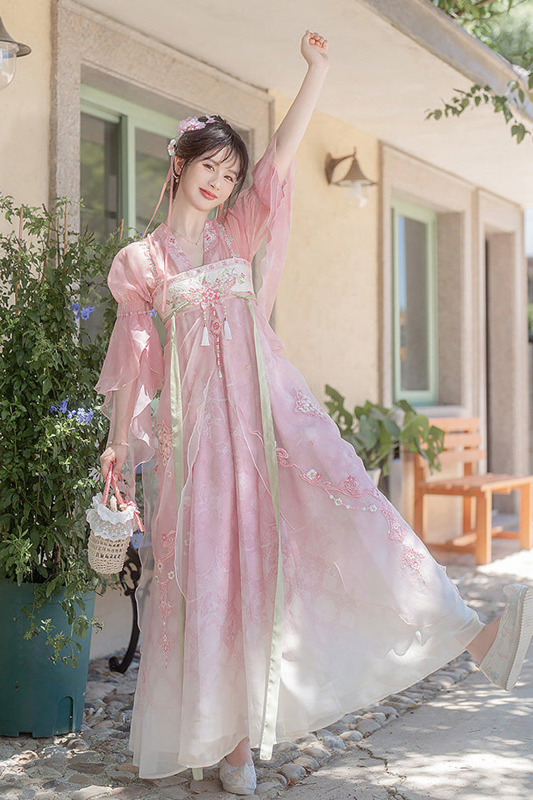 Pink Tang Dynasty V Collar High Waisted Embroidered Women's Daily Sweet Hanfu Dress Set