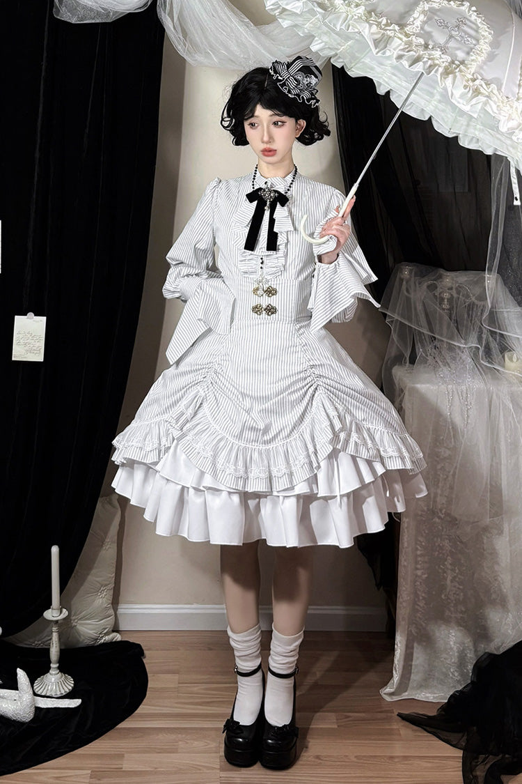 White [Point Manor] Multi-Layered Striped Printed Ruffled Lifted Hem Bow Gothic Lolita Skirt