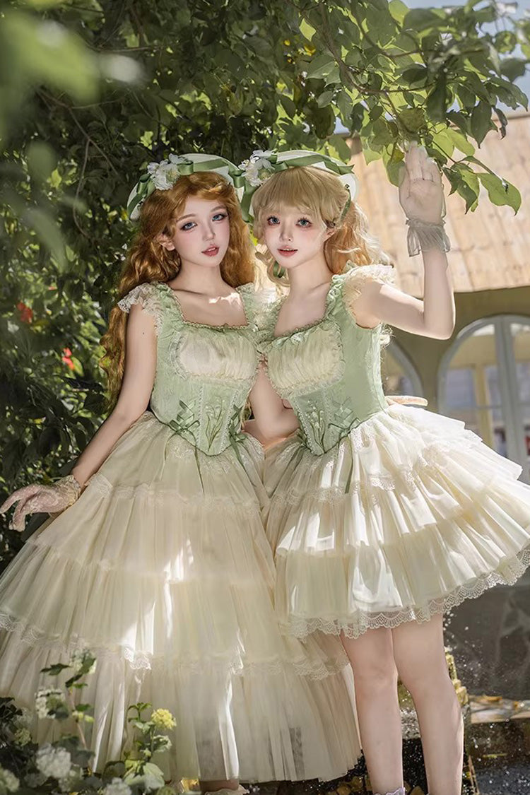 Green [Letters & Poems · Whisper of Lily of the Valley] Square Collar Multi-Layered Ruffled Embroidered Fishbone Sweet Lolita Jsk Dress 2 Versions