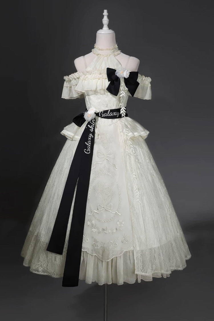 White [Glass Flower House] Halterneck Ruffled Embroidered Bow Classic Lolita Jsk Dress