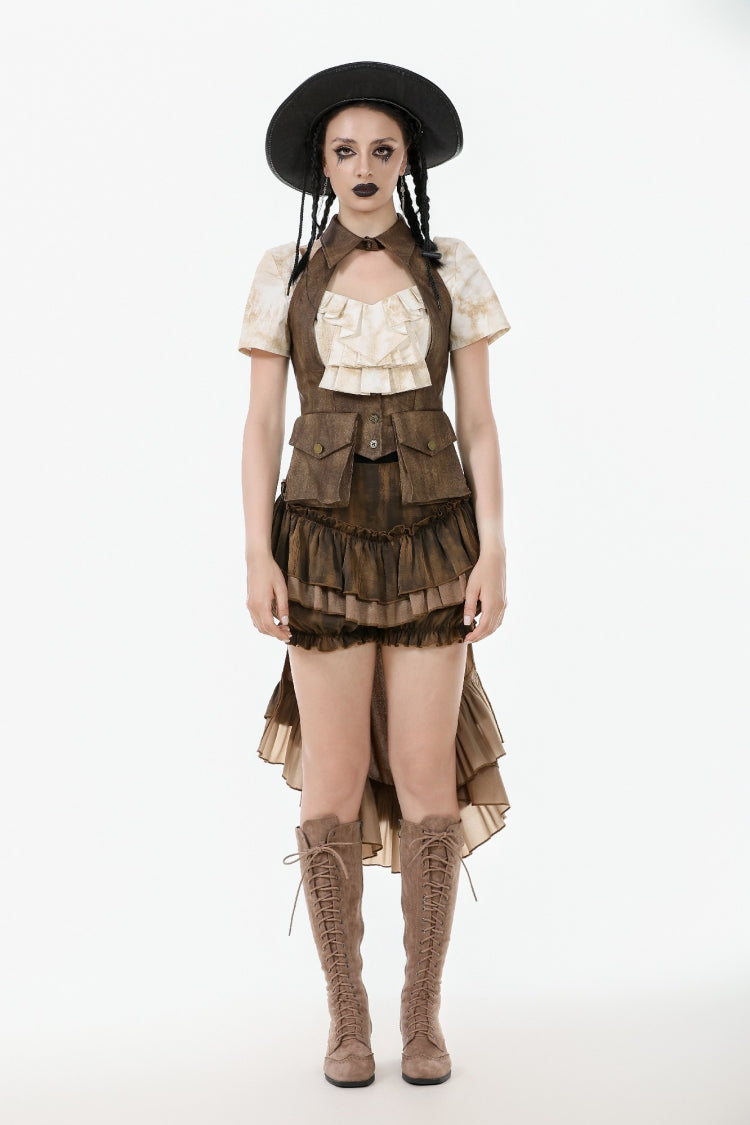 Brown Point Lapel Collar Sleeveless Women's Steampunk Utility Vest with Cargo Pockets