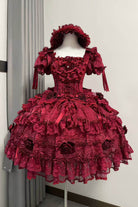 Red [Rose Manor] Square Collar Short Sleeves Ruffled Bow Lace Classic Lolita Dress