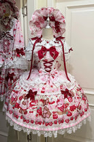 Red/Pink [Sweet Berry Bunny Bear] Printed Bow Lace Lace-Up Sweet Lolita Jsk Dress