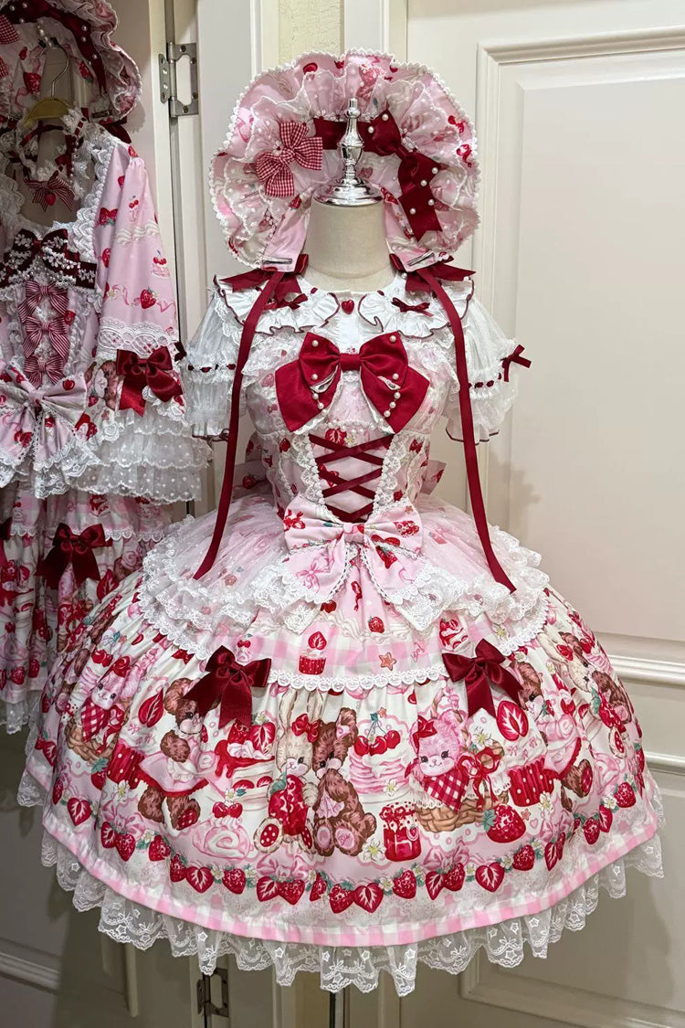 Red/Pink [Sweet Berry Bunny Bear] Printed Bow Lace Lace-Up Sweet Lolita Jsk Dress