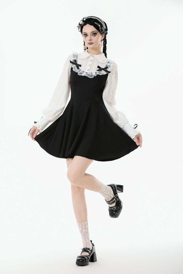 Black/White Faux Two-Piece Doll Collar Long Sleeves Lace-Up Women's Lolita Gothic Graduation Dress