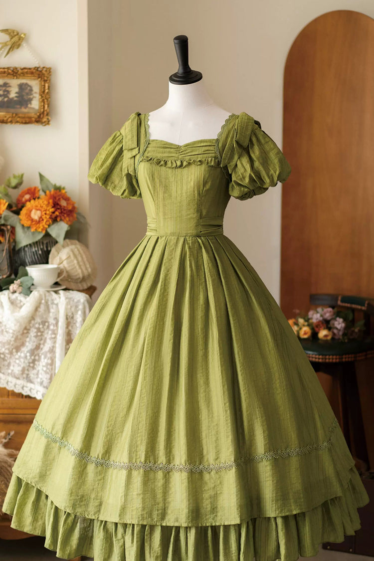Green [Forest Gallery] Square Collar Short Sleeves Ruffled Bow Classic Vintage Elegant Lolita Dress