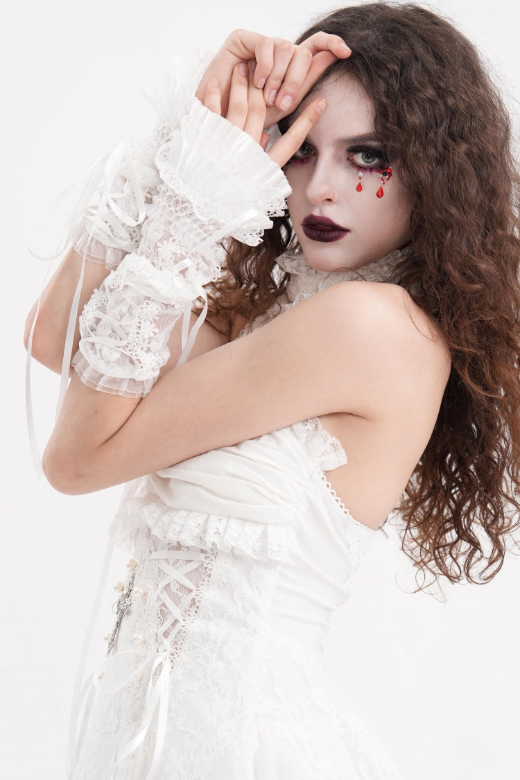 White Bow Lace Lace-Up Mesh Eyelet Women's Gothic Gorgeous Palace Arm Sleeves