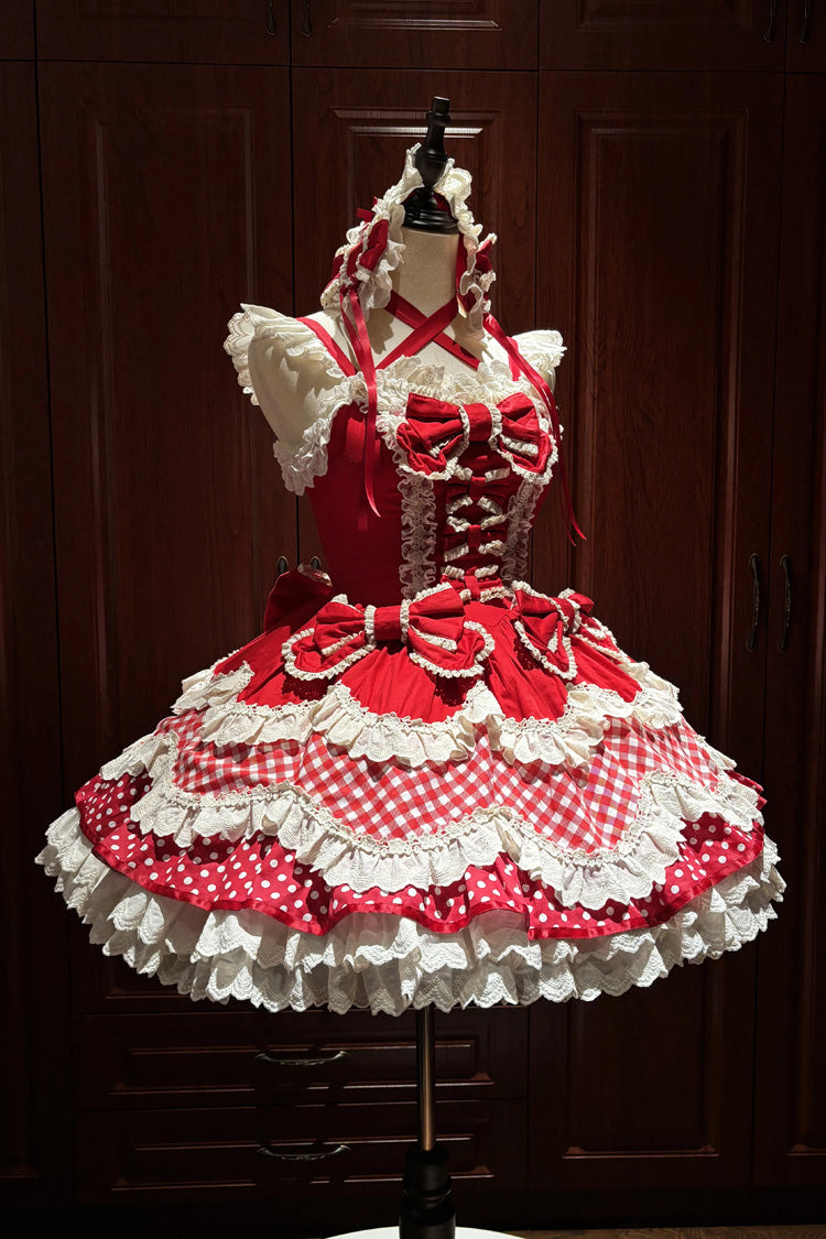 Red Square Collar Halterneck Sleeveless Multi-Layered Polka Dots Printed Ruffled Bow Spliced Lace Sweet Lolita Jsk Dress Set