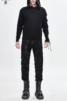 Black Asymmetrical Sleeves Leather Loop Lace-Up Hooded Men's Punk Sweater