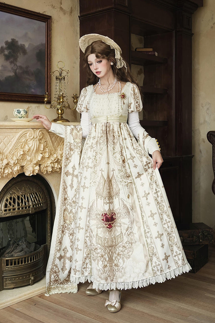 Ivory [Sacred Coronation] Square Collar Long Sleeves Printed Embroidered Vintage Elegant Palace Lolita Dress Three-Piece Set