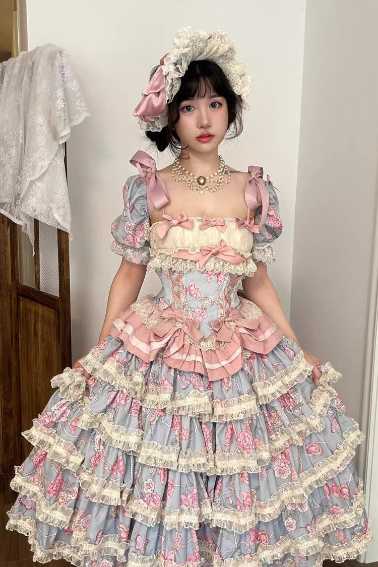 Blue/Pink [Gem Rose] Multi-Layered Ruffle Bowknot Lace Sweet Princess Lolita Skirt 2 Versions