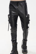 Black Punk Leather Metal Rivets Zipper Stereoscopic Side Pockets Men's Pants