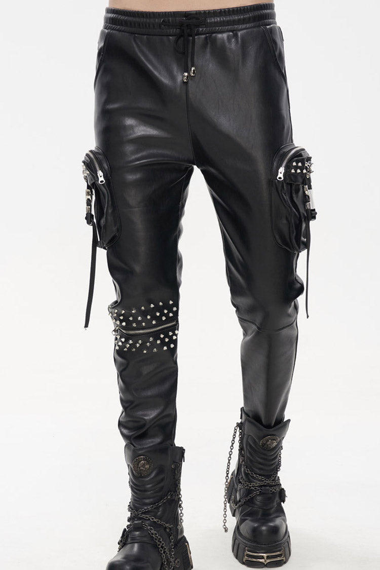 Black Punk Leather Metal Rivets Zipper Stereoscopic Side Pockets Men's Pants